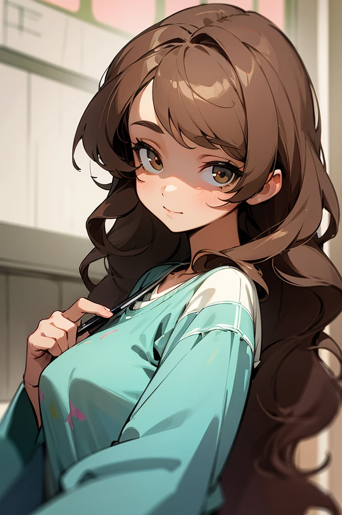 (masterpiece, best quality) detailed, 1Character, closeup, blue archive art style, pastel washed out colors, cell shade, soft, muted shades, gentle colors, Fashion ad, urban environment, big city, bohemian style clothing, often splattered with paint, cute girl, short height, 5'2", brown hair, very long hair, curly hair, hazel eyes that sparkle with creativity, tanned skin, skinny, delicate, feminine, age 16, high schooler, painter, slight smile