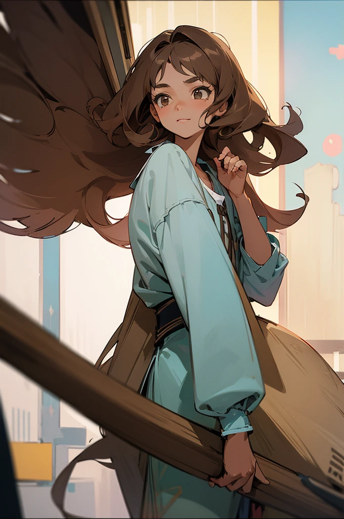 (masterpiece, best quality) detailed, 1Character, closeup, blue archive art style, pastel washed out colors, cell shade, soft, muted shades, gentle colors, Fashion ad, urban environment, big city, bohemian style clothing, often splattered with paint, cute girl, short height, 5'2", brown hair, very long hair, curly hair, hazel eyes that sparkle with creativity, tanned skin, skinny, delicate, feminine, age 16, high schooler, painter, slight smile