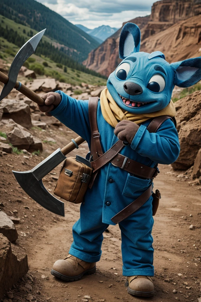 Stitch dressed as a geologist with a pickaxe in his hand