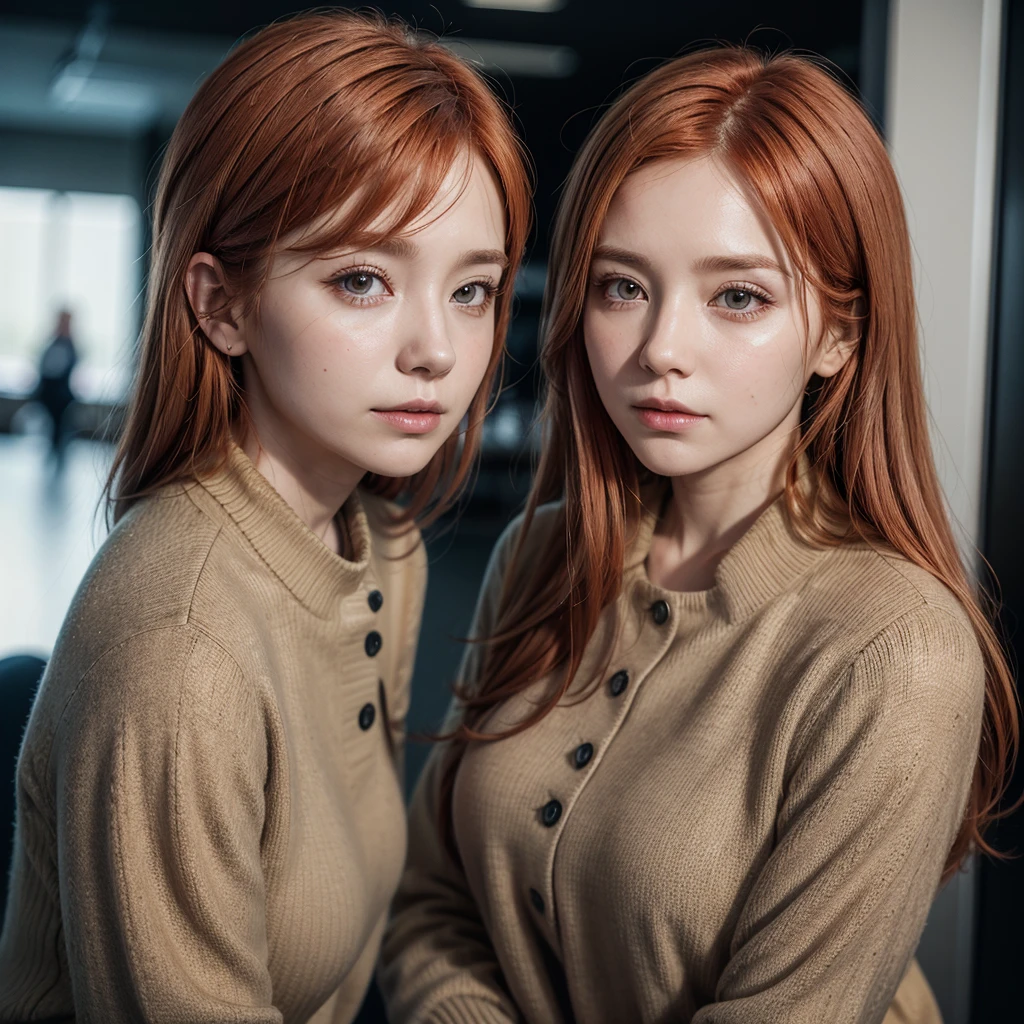 30 year old woman? copper hair, thoughtful, wearing office clothes and transparent background, photography realistic