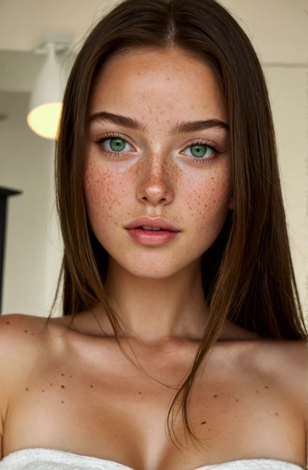 Closeup of a woman with freckles on her face, Perfect face ), Perfect face and eyes, extremely beautiful face, detailed Perfect face, Perfect face, beautiful and attractive face, Sexy girl with green eyes, Perfect face, beautiful face, beautiful face atractiva, beautiful fine facial features, Portrait Sophie Mudd, beautiful detailed body and face, beautiful body and face