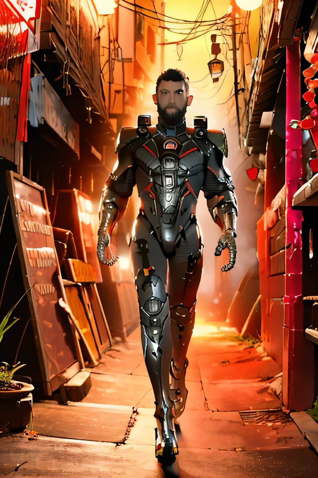 Young African American male teenager,body armor suit, black and red lights on arms and back of the armor,close hair cut, Beard and goatee,neon red sword from the future, standing in a back alley,Jim Lee art style,comic, anime,
