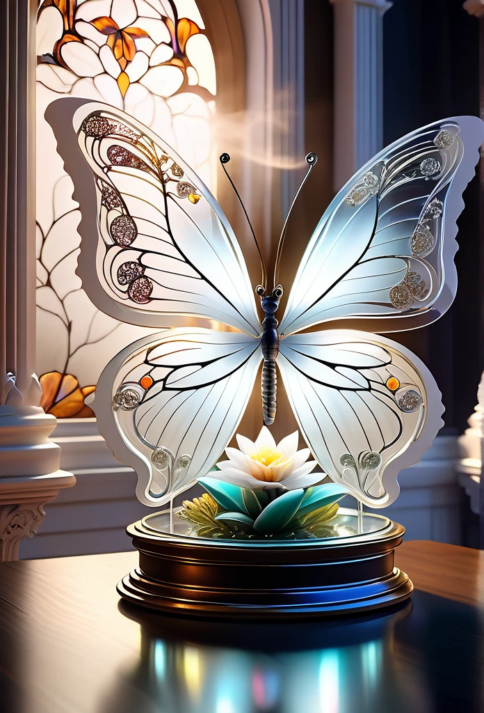 (((masterpiece that captures the essence of white butterfly:1.3))), floating of stunning carve glass flower, gothic aquarium, transparent wish. (((intricate insane details and light and shadow atmosphere:1.3))), intricate details rich colors, (((stunning beauty 32k render:1.3))), (((holographic smoke glow:1.4))),