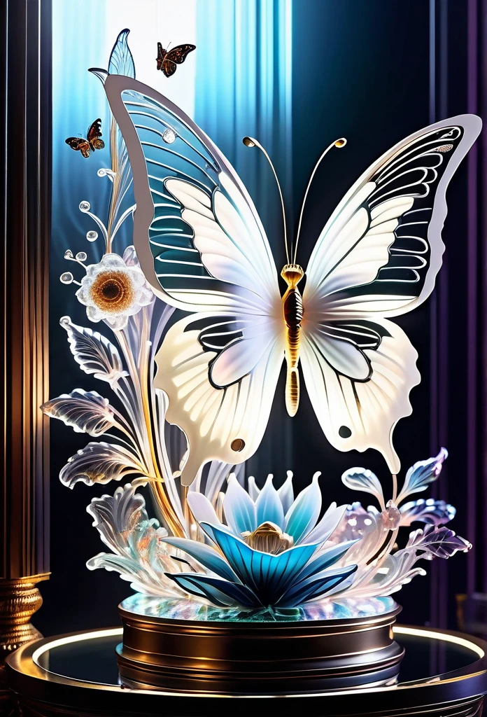 (((masterpiece that captures the essence of white butterfly:1.3))), floating of stunning carve glass flower, gothic aquarium, transparent wish. (((intricate insane details and light and shadow atmosphere:1.3))), intricate details rich colors, (((stunning beauty 32k render:1.3))), (((holographic smoke glow:1.4))),