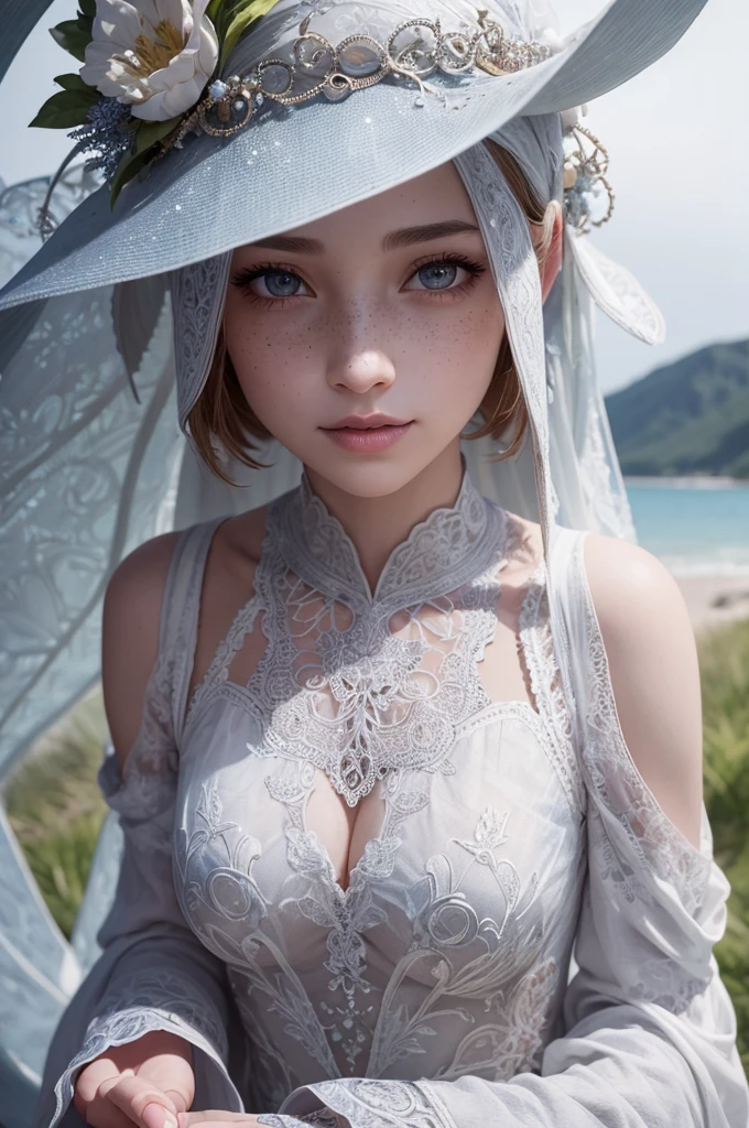 a girl with beautiful detailed eyes, beautiful detailed lips, extremely detailed face and features, long eyelashes, freckles, smiling, wearing a white gown, standing in a seaside field, 1 grey dragon beside her, detailed fantasy landscape, best quality, 4k, 8k, highres, masterpiece, ultra-detailed, realistic, photorealistic, photo-realistic, HDR, UHD, studio lighting, ultra-fine painting, sharp focus, physically-based rendering, extreme detail description, professional, vivid colors, bokeh