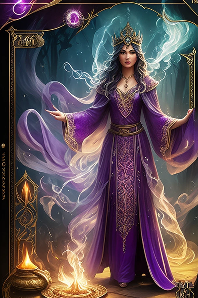 Deusa super-realista, Standing Up Showing All Her Realistic 8K Purple Lace Dress , cabelos s, pele, dourada, corpo full body, Detailed Hands with Ruby Ring, 38 anos,stery front image ::8, flowing robe, Intricate Purple Makeup Patterns ::7, body ::6, Aura Encantada, magia brilhante ::5, On your card table, Bubbling Potion ::4, Magic ingredients, spellbooks ::3, gesto de spellcasting ::2, mistic ambient, supernatural presence ::1. Smoke and atmosphere: , 16K.