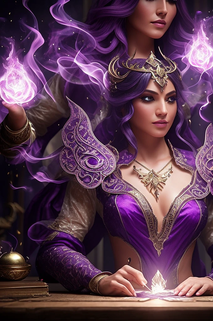 Deusa super-realista, Standing Up Showing All Her Realistic 8K Purple Lace Dress , cabelos negros, pele, dourada, corpo full body, Detailed Hands with Ruby Ring, 38 anos, Mystery front image ::8, flowing robe, Intricate Purple Makeup Patterns ::7, body ::6, Aura Encantada, magia brilhante ::5, On your card table, Bubbling Potion ::4, Magic ingredients, spellbooks ::3, gesto de spellcasting ::2, mistic ambient, supernatural presence ::1. Smoke and atmosphere:  , 16K.  