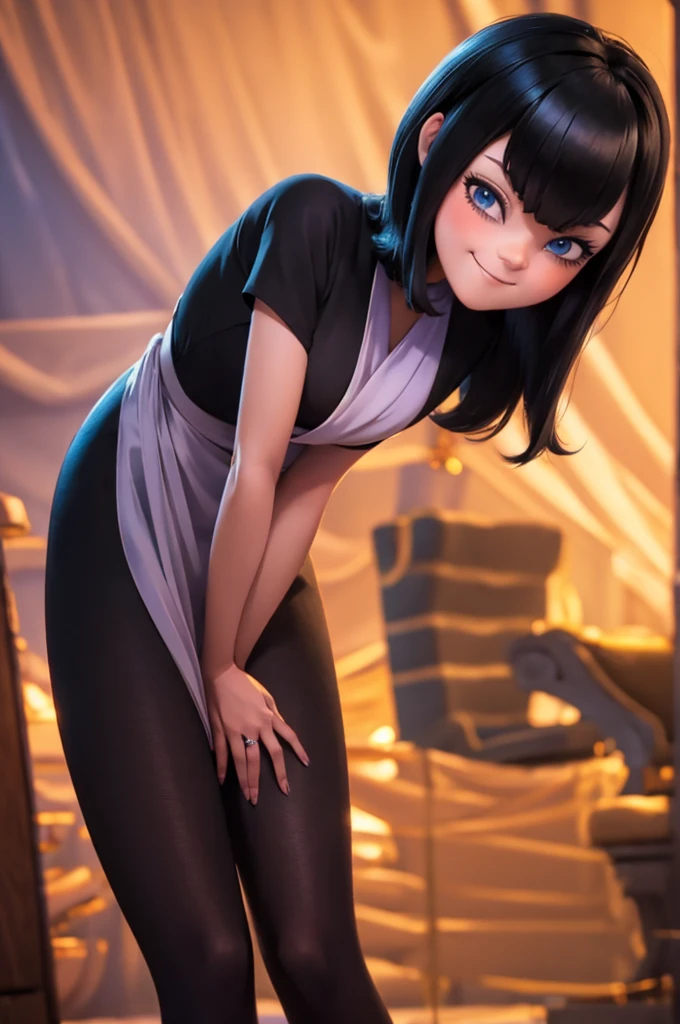 high quality, masterpiece, best quality, tmavis, 1girl, mature woman, forced smile, standing, blush, half-closed eyes, smile, empty eyes/no highlights (Leaning forward:1.5), Arms Down, ((Perfect Anatomy, beautifull detailed face, Beautiful detailed eyes, beautiful detailed hair, Beautiful detailed body)), thick outline, Beautiful outlines, black outlines, hold your hands