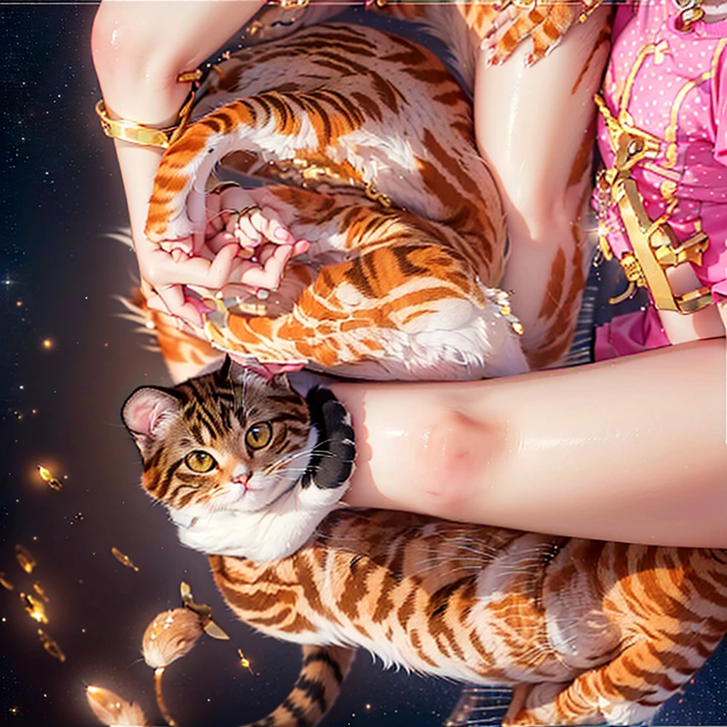 (((Partial view of an orange short-legged cat holding in both hands，cat tail，Correct anatomy)))，((Highest quality，masterpiece，Beautiful hands，Gray and pink short T-shirt，gold thin bracelet))，starry sky galaxy background