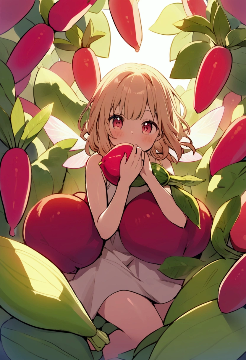 a  fairy flying over a pile of Radishes , holding one Radish on her hand