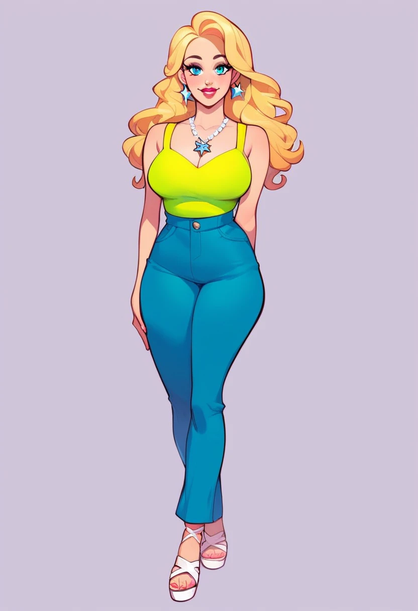 rose, 1girl, solo, long hair, smile, blonde hair, large breasts, simple background, jewelry, standing, full body, earrings, pants, cyan eyes, makeup, sandals, blue pants, cyan tank top, silver star necklace with pink circle, pink upper lip, lipstick, yellow eyelids, yellow, eyebrows, silver earrings, white sandals