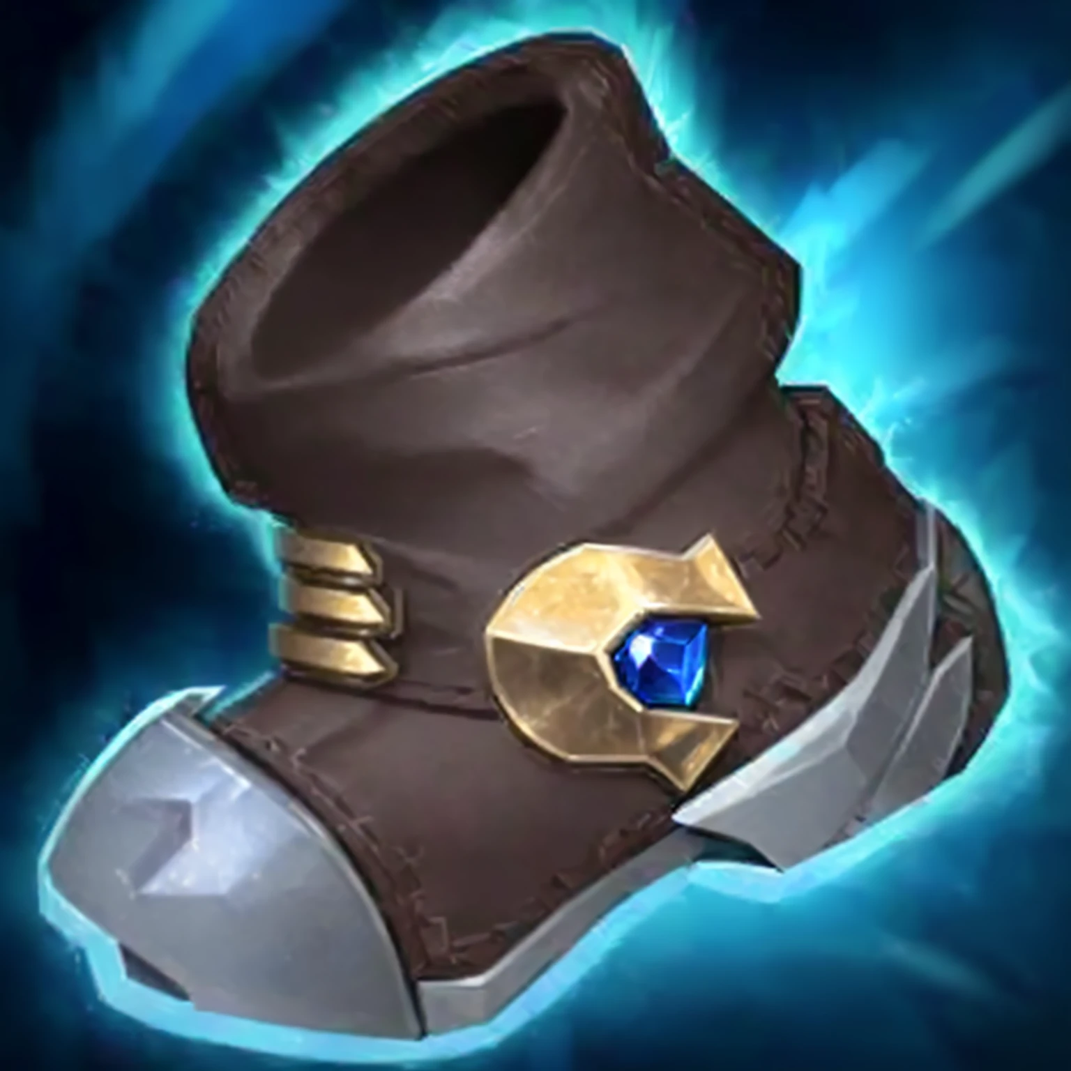 a closeup of a brown shoe with a blue gem, league of legends inventory item, battle shoes, a stranger, league of legends style, heavy boots, league of legends style, Jayce arcano, wild crack, Kneepads, fatal fist, legendary item, arcane league of legends, magic leather armor, Zenra Taliyah, league of legends style