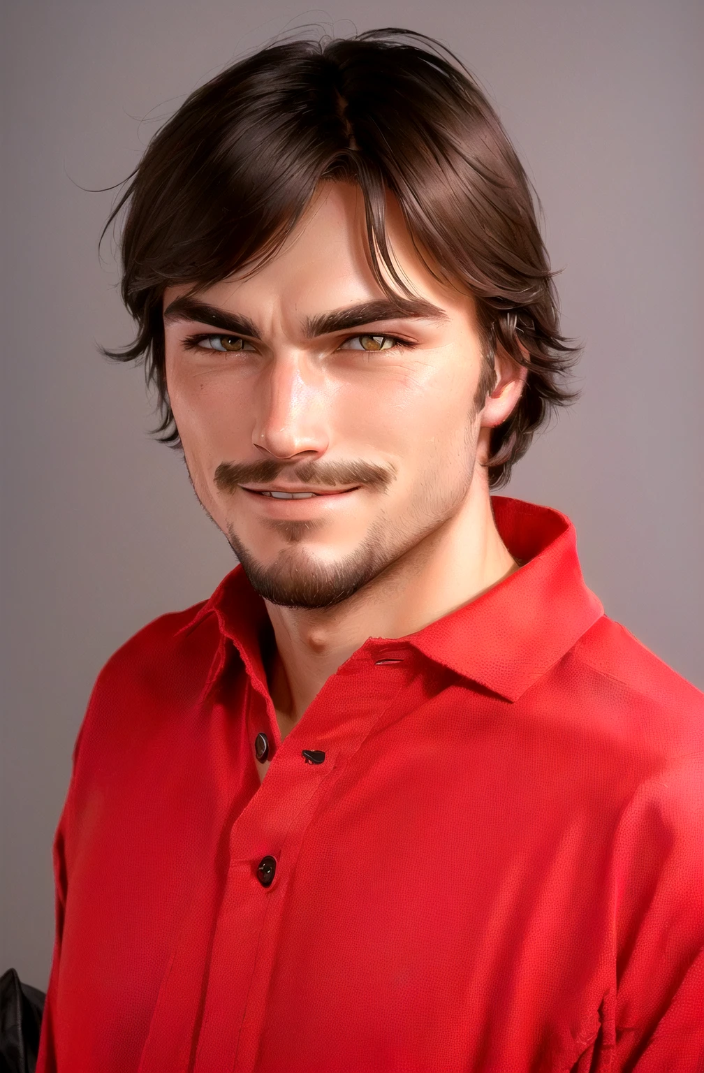 (a yankee MAN), he's European, dark hair, brown eyes, (eyes turned to look at the camera), swedish, as a character in Out Run 2, of SEGA, 3D CG from the 2000s, Wolf, 2k, 2 k, (( happy curious face)), realistic, render of rich braggart man, elegant shirt. fighting game character, , bright clean face, black goatee, from devil may cry, penetrating eyes,