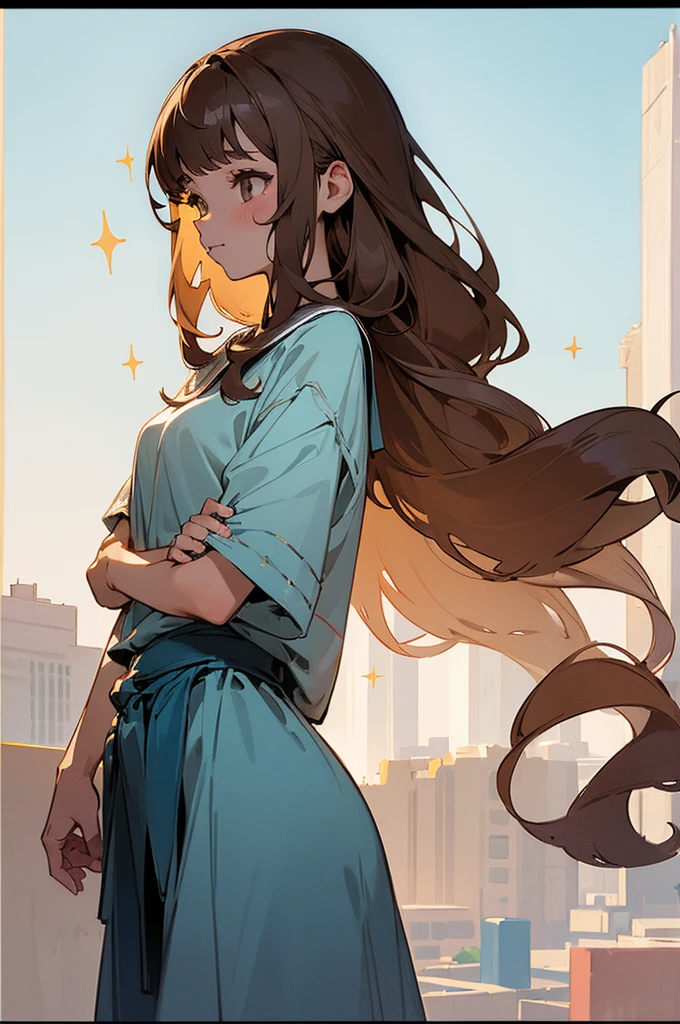 (masterpiece, best quality) detailed, 1Character, closeup, blue archive art style, pastel washed out colors, cell shade, soft, muted shades, gentle colors, Fashion ad, urban environment, big city, bohemian style clothing, often splattered with paint, cute girl, short height, 5'2", brown hair, very long hair, curly hair, hazel eyes that sparkle with creativity, tanned skin, skinny, delicate, feminine, age 16, high schooler, painter, slight smile