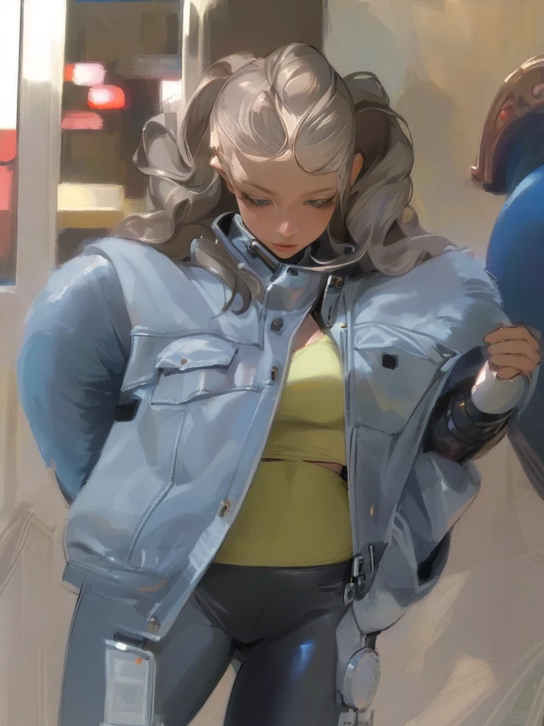 Best quality, masterpiece, portrait, perfect anatomy, flawless, 1woman, solo, sexy, stylish, mature, silver pants, croptop, jacket, long hair, feminine, cool, queen, correct female anatomy,