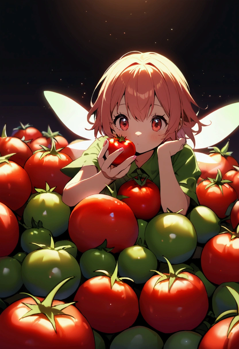 a  fairy flying over a pile of  red Tomatoes , holding one Tomato on her hand