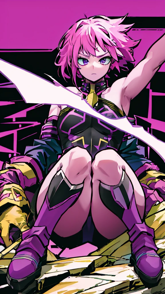 ### armor:
- **color principal:** bright pink.
- **dark sections:** Parts of the armor are a dark purple, specifically on the shoulders, forearms, elbows, upper and lower chest, and knees.
- **Design:** tight to the body, covering from neck to toe. The armor features a segmented design with lines and sections that appear to provide flexibility and additional protection.
- **chest:** The upper part of the chest has two purple horizontal stripes, while the central part of the chest has three arrows pointing downwards.
- **arms:** Los hombros y forearms presentan grandes áreas de color púrpura oscuro.
- **legs:** The knees and a section at the top of the boots are dark purple.
### For the:
- **color:** bright pink, similar to main armor color.
- **Style:** Short and smooth, with bangs that fall over the forehead, partially covering one of your eyes.
### Other details:
- **gloves:** Same dark purple color as the armor sections.
- **Boots:** bright pink con detalles en púrpura oscuro.