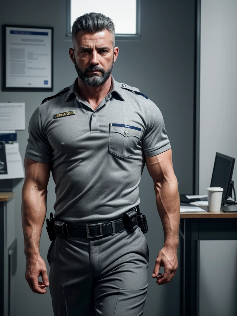 attractive man, Father, muscular, grey short hair, full beard, Sheriff, uniform, in police station, modern american office (best quality,4K,8k,highres,masterpiece:1.2),Ultra-detail,(realisti,photorealisti,photo-realisti:1.37), Film compositions, depth of field,Professional 3D rendering