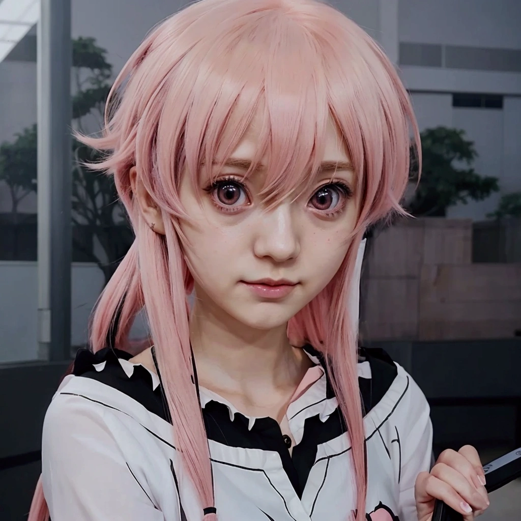 anime girl with pink hair and black and white shirt holding a cell phone, anime visual of a young woman, gasai yuno, gasai yuno, female anime character, anime visual of a cute girl, cel shaded anime, anime character, anime girl named gasai yuno, gapmoe yandere, gasai yuno, as an anime character