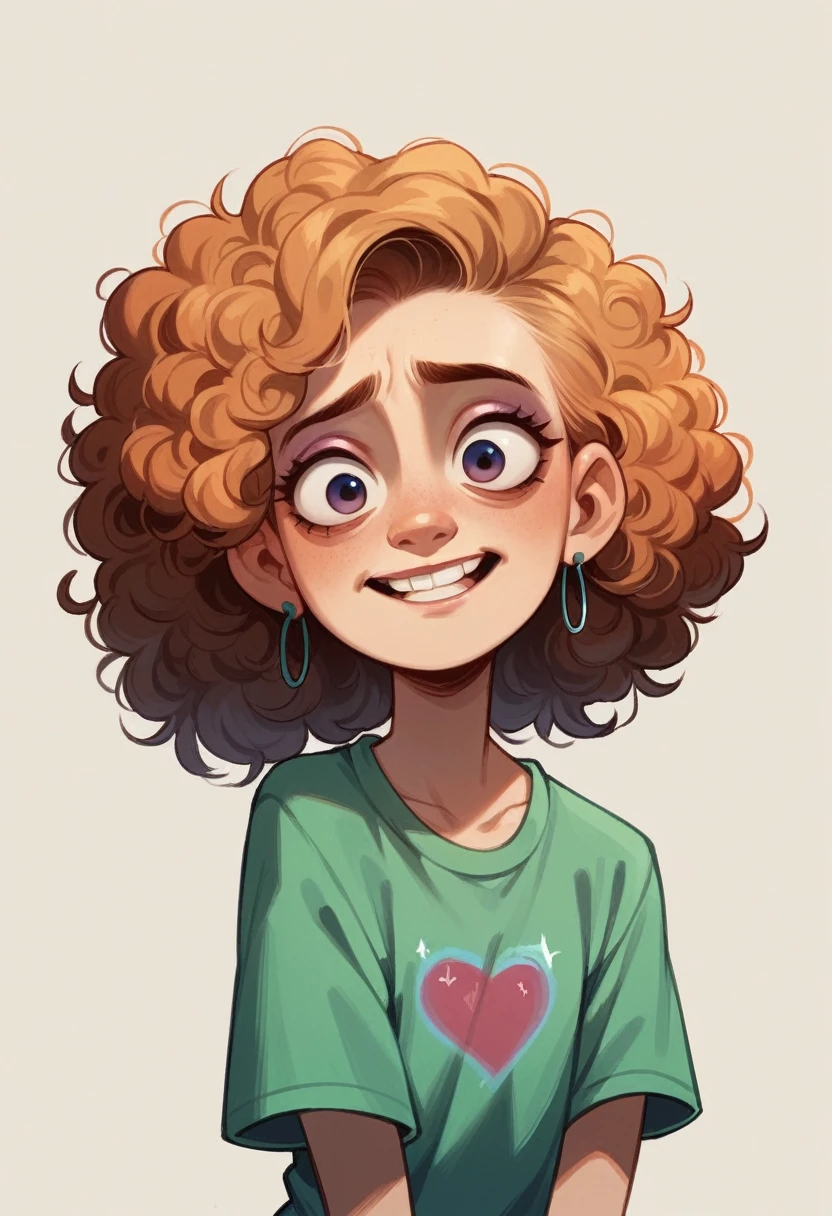 Pixar character style image from the film "inside out".
A character in yellow color with big curly hair with glitter, 3 earrings on both earlobes