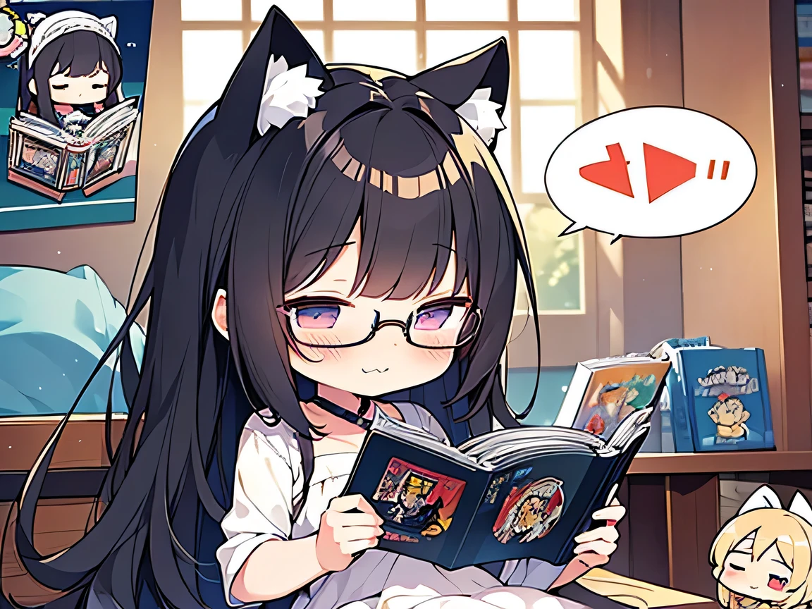((masterpiece)), ((best quality)), (ultra-detailed), ((kawaii)), cute, (lovely), illustration, anime style, (chibi:1.6), white sundress, (beautiful eyes), beautiful black hair, (long hair), (cat ears:1.1), slim, slender, glasses, medium breast, (on stomach:1.2), (holding a Comic book:1.3), (:3:1.2), (reading a comic book:1.5), (spoken musical note:1.2), Looks like a lot of fun, bare foot.