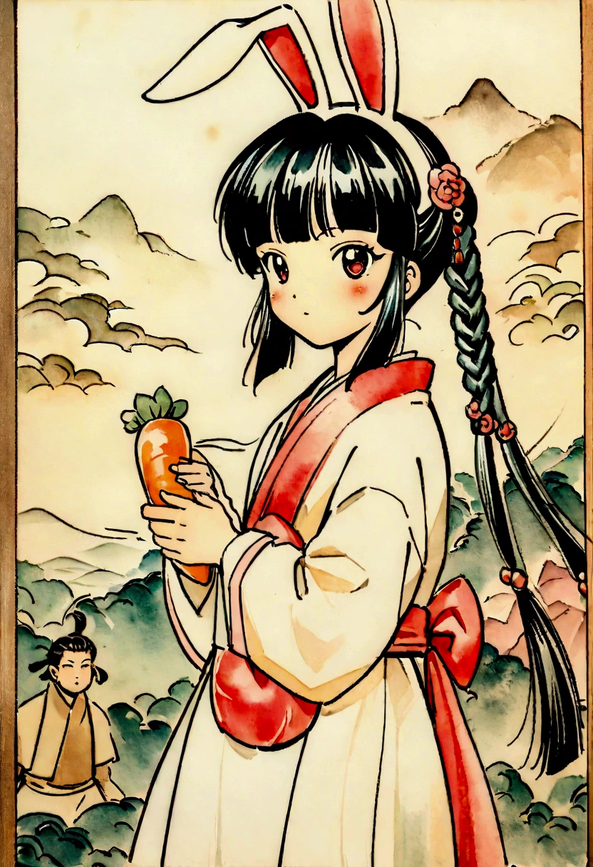 There is a photo of a man in a bunny costume holding a carrot, Leng Jun, yun ling, jinyiwei, Ancient Chinese Painting, Japan in the 90s, Artworks similar to Sheng Lam, style, jin shan, gujian, lulu chen, Retro 70s anime watercolor painting, unknown artist, inspired by Liu Jue