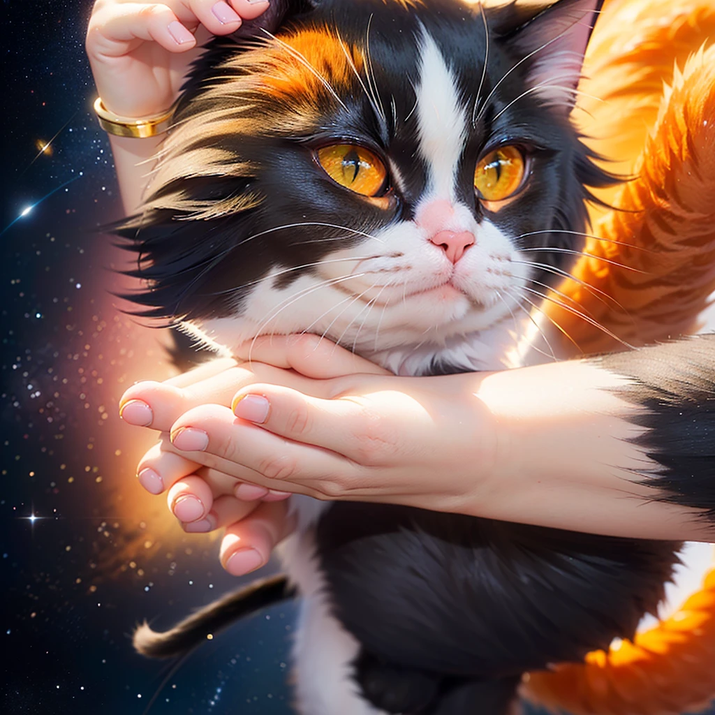 (((Partial view of an orange short-legged cat holding in both hands，cat tail，Correct anatomy)))，((Highest quality，masterpiece，Beautiful hands，Gray and pink short T-shirt，gold thin bracelet))，starry sky galaxy background