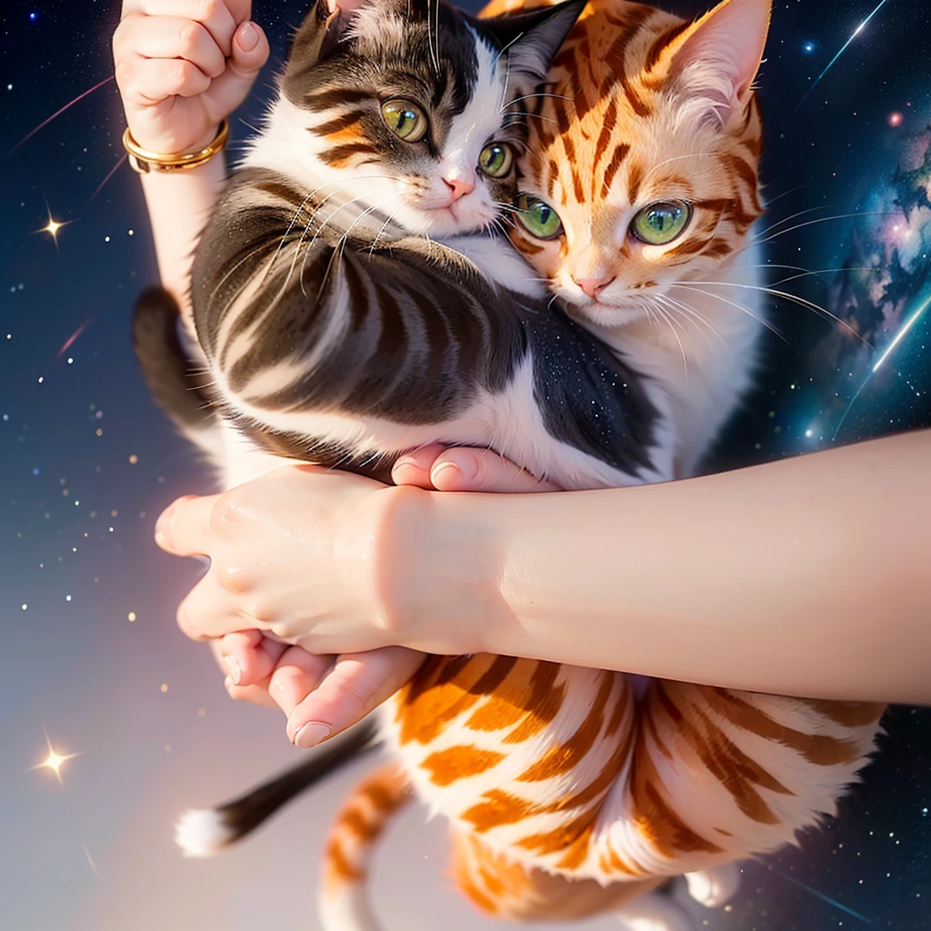 (((Partial view of an orange short-legged cat holding in both hands,cat tail,Correct anatomy))),((Highest quality,masterpiece,Beautiful hands,Gray and pink short T-shirt,gold thin bracelet)),starry sky galaxy background