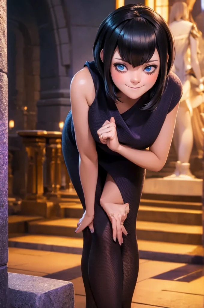 high quality, masterpiece, best quality, tmavis, 1girl, mature woman, forced smile, standing, blush, half-closed eyes, smile, empty eyes/no highlights (Leaning forward:1.5), Arms Down, ((Perfect Anatomy, beautifull detailed face, Beautiful detailed eyes, beautiful detailed hair, Beautiful detailed body)), thick outline, Beautiful outlines, black outlines, hold your hands, 5 fingers, detailed hands