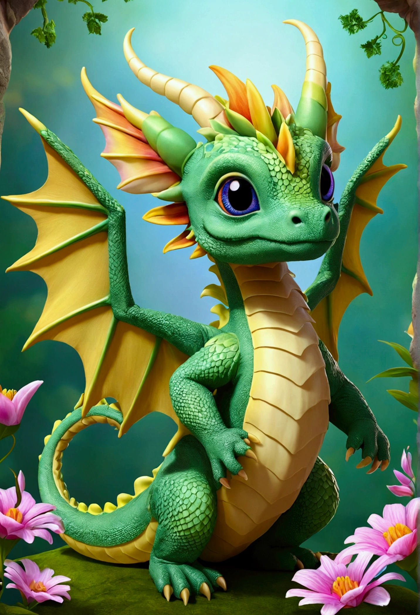 a baby nature dragon, flowers growing from the back, hand wings, flower horns, nature background