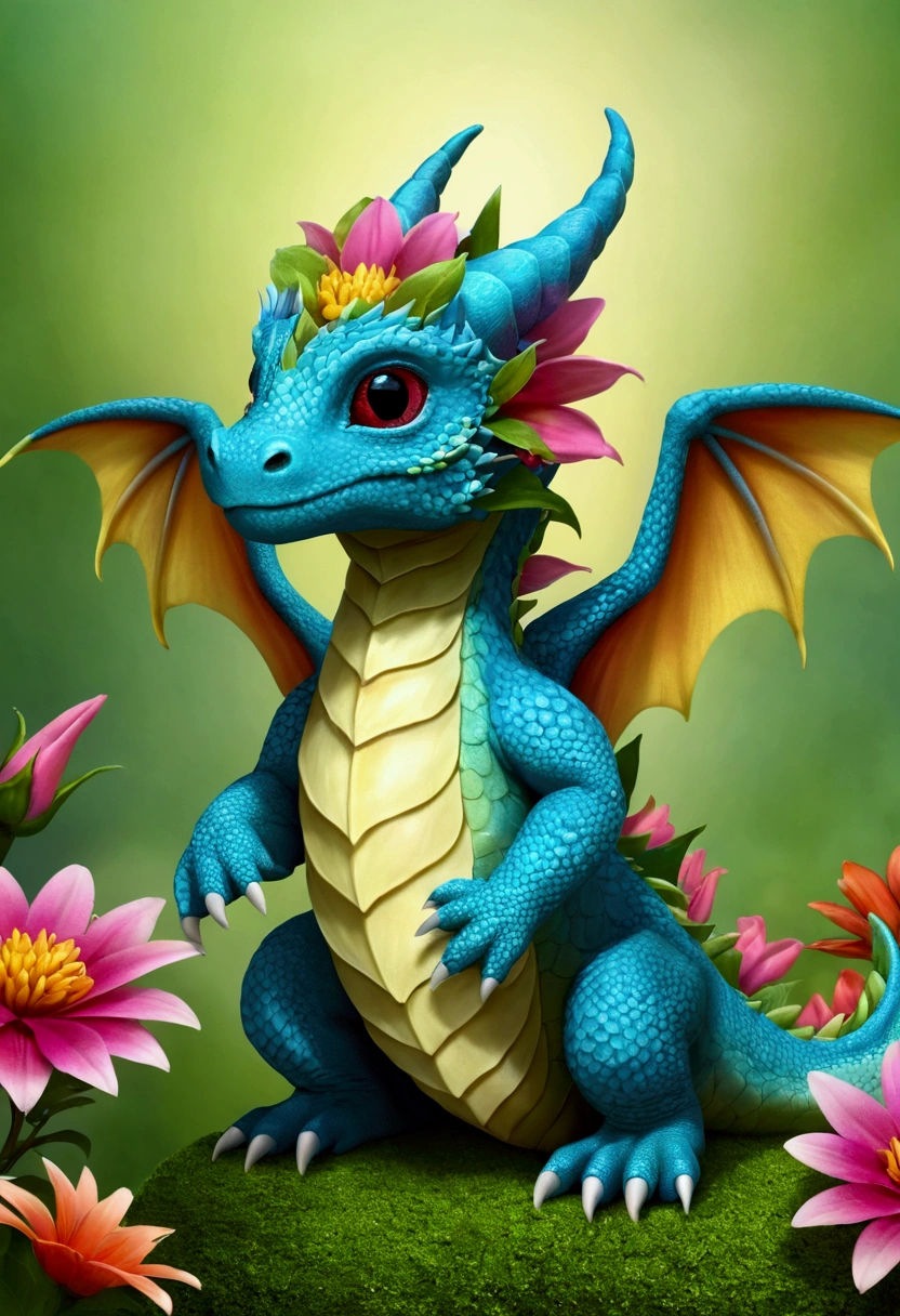 a baby nature dragon, flowers growing from the back, hand wings, flower horns, nature background