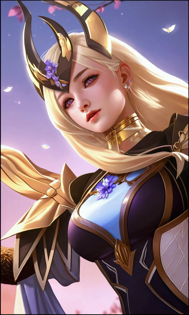 realistic, 1girl, white hair, purple eyes, glowing eyes, crop top, skirt, parted lips, blush, night, flowers, sun, sunlight,