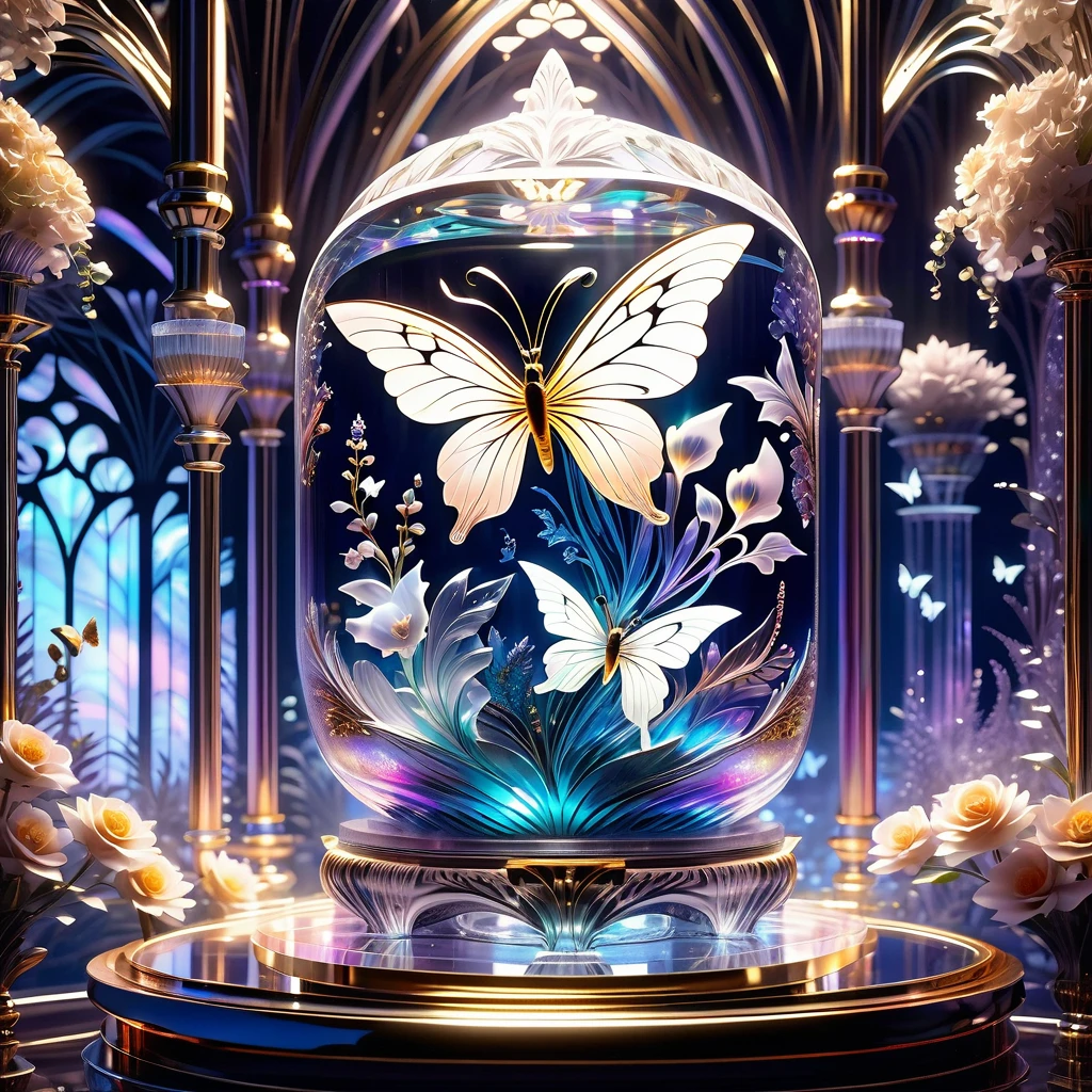 (((masterpiece that captures the essence of white butterfly:1.3))), floating of stunning carve glass flower, gothic aquarium, transparent wish. (((intricate insane details and light and shadow atmosphere:1.3))), intricate details rich colors, (((stunning beauty 32k render:1.3))), (((holographic smoke glow:1.4))),