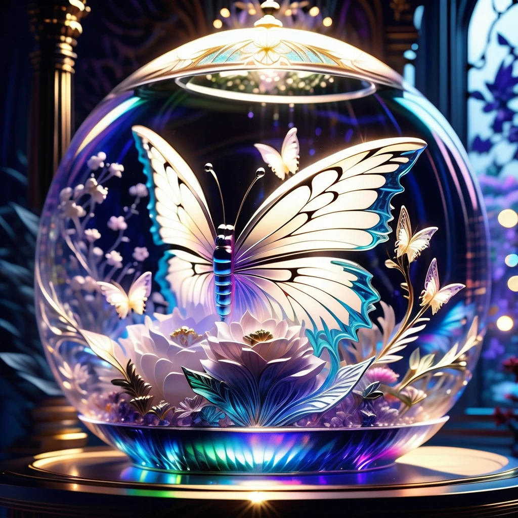(((masterpiece that captures the essence of white butterfly:1.3))), floating of stunning carve glass flower, gothic aquarium, transparent wish. (((intricate insane details and light and shadow atmosphere:1.3))), intricate details rich colors, (((stunning beauty 32k render:1.3))), (((holographic smoke glow:1.4))),