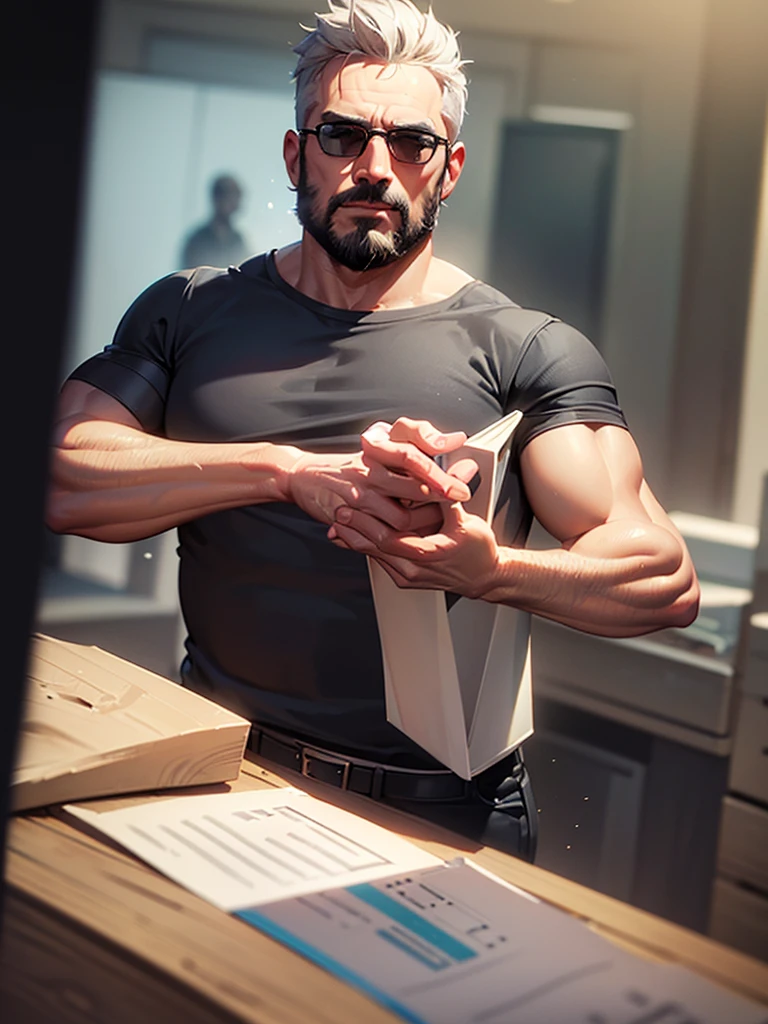 attractive man, Father, muscular, grey short hair, full beard, Sheriff, uniform, in police station, modern american office (best quality,4K,8k,highres,masterpiece:1.2),Ultra-detail,(realisti,photorealisti,photo-realisti:1.37), Film compositions, depth of field,Professional 3D rendering
