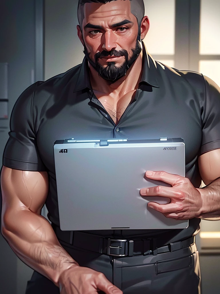 attractive man, Father, muscular, grey short hair, full beard, Sheriff, uniform, in police station, modern american office (best quality,4K,8k,highres,​masterpiece:1.2),Ultra-detail,(realisti,photorealisti,photo-realisti:1.37),  Film compositions, depth of field,Professional 3D rendering