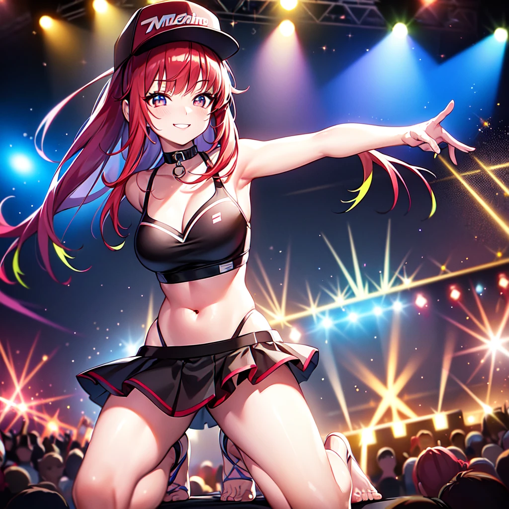 +sparkle+ 1_girlsolo, anime girl, long red hair, short bangs, baseball cap, blue bikini headphones, beach lighting,stage,(best quality:1.2),(ultra-detailed:1.2),(realistic:1.37),HDR,vivid colors,portraits, figure,headphone girl,anime style, atmosphere,techno music,electronic dance music,festival vibes,hip hop beats,festival outfit,energetic dance moves,expressive eyes,hairstyle with vibrant colors,neon lights,beaming smile,positive vibes,high-energy performance,stylized backgrounds,colorful visuals,excitement in the air, dancing, back turned , kneeling 