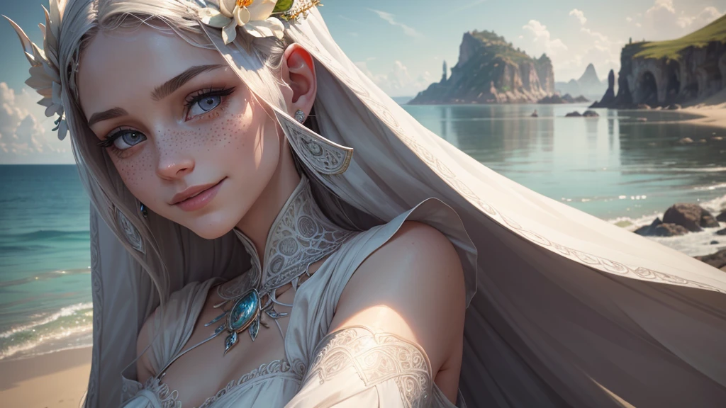 a girl with beautiful detailed eyes, beautiful detailed lips, extremely detailed face and features, long eyelashes, freckles, smiling, wearing a white gown, standing in a seaside field, 1 grey dragon beside her, from afar, detailed fantasy landscape, best quality, 4k, 8k, highres, masterpiece, ultra-detailed, realistic, photorealistic, photo-realistic, HDR, UHD, studio lighting, ultra-fine painting, sharp focus, physically-based rendering, extreme detail description, professional, vivid colors, bokeh