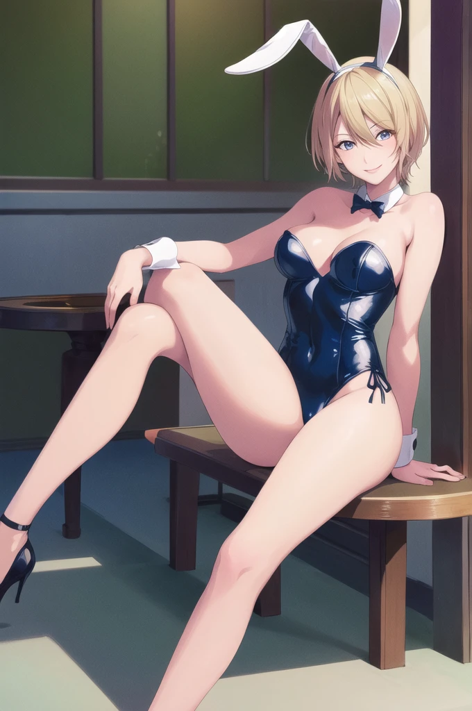 masterpiece, Highest quality, High resolution, One girl, alone, short hair, Blonde, blue eyes, casino, Playboy Bunny, Bunny ears, smile, Crossing your legs, Sitting