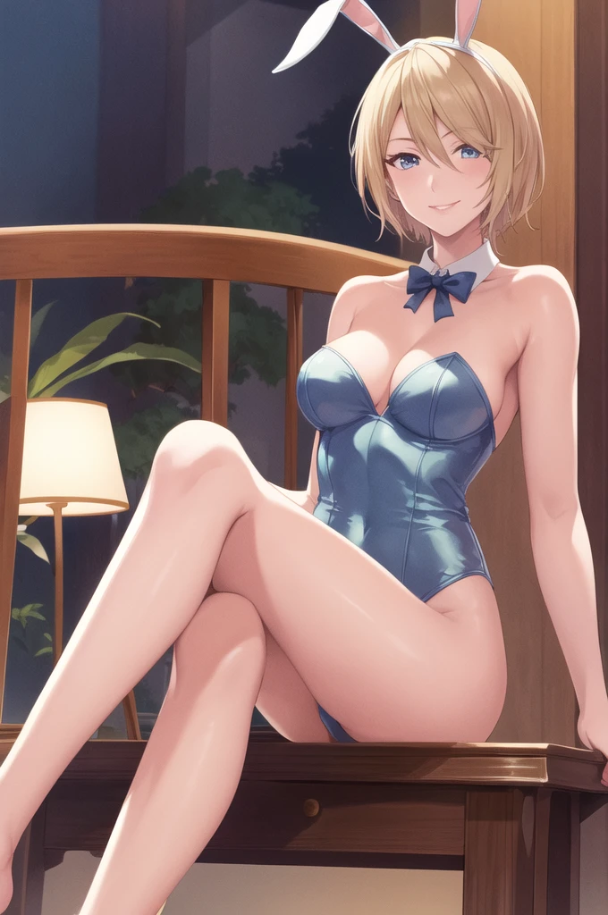 masterpiece, Highest quality, High resolution, One girl, alone, short hair, Blonde, blue eyes, casino, Playboy Bunny, Bunny ears, smile, Crossing your legs, Sitting