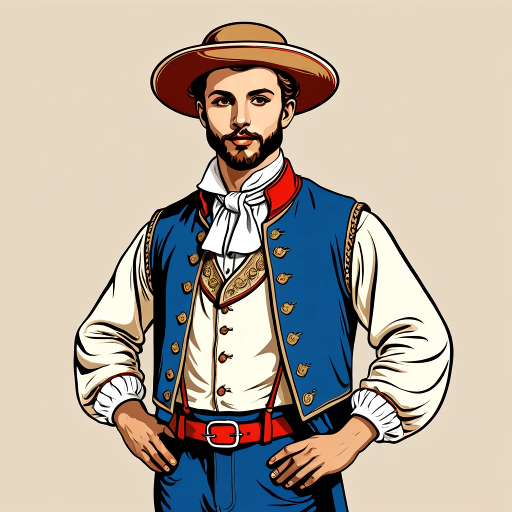 man in french folk outfit, vector graphics, strong contours