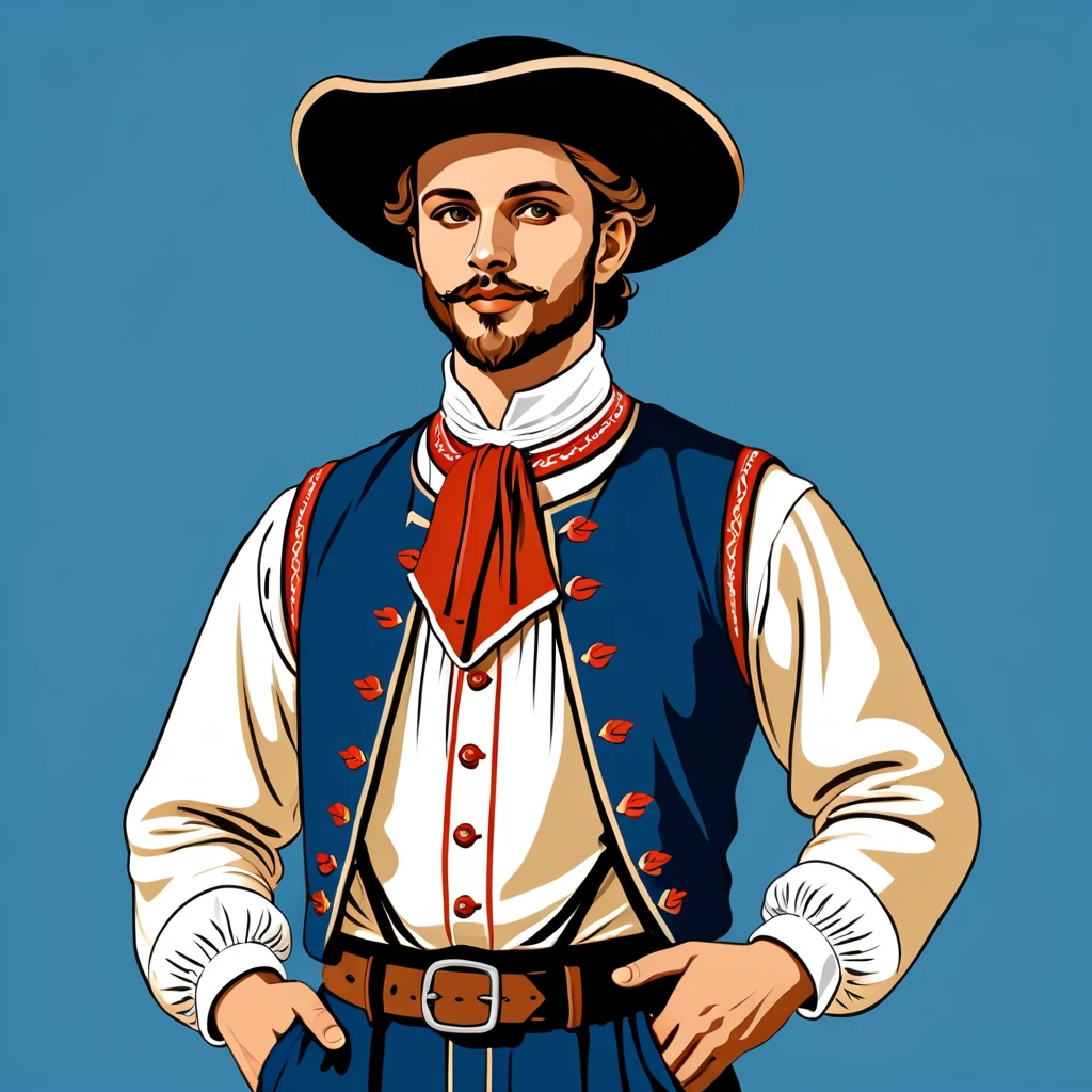 man in french folk outfit, vector graphics, strong contours