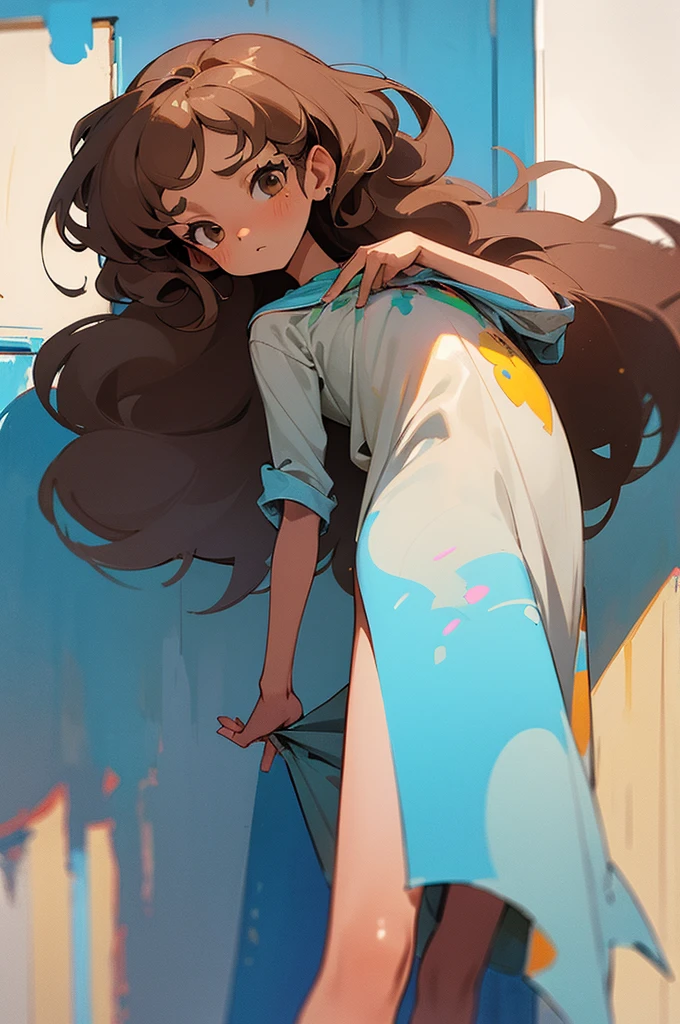 (masterpiece, best quality) detailed, 1Character, closeup, blue archive art style, pastel washed out colors, cell shade, soft, muted shades, gentle colors, urban environment, big city, bohemian style clothing, often splattered with paint, cute girl, short height, 5'2", brown hair, very long hair, curly hair, hazel eyes that sparkle with creativity, tanned skin, skinny, delicate, feminine, age 16, high schooler, painter