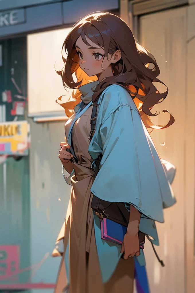 (masterpiece, best quality) detailed, 1Character, closeup, blue archive art style, pastel washed out colors, cell shade, soft, muted shades, gentle colors, urban environment, big city, bohemian style clothing, often splattered with paint, cute girl, short height, 5'2", brown hair, very long hair, curly hair, hazel eyes that sparkle with creativity, tanned skin, skinny, delicate, feminine, age 16, high schooler, painter
