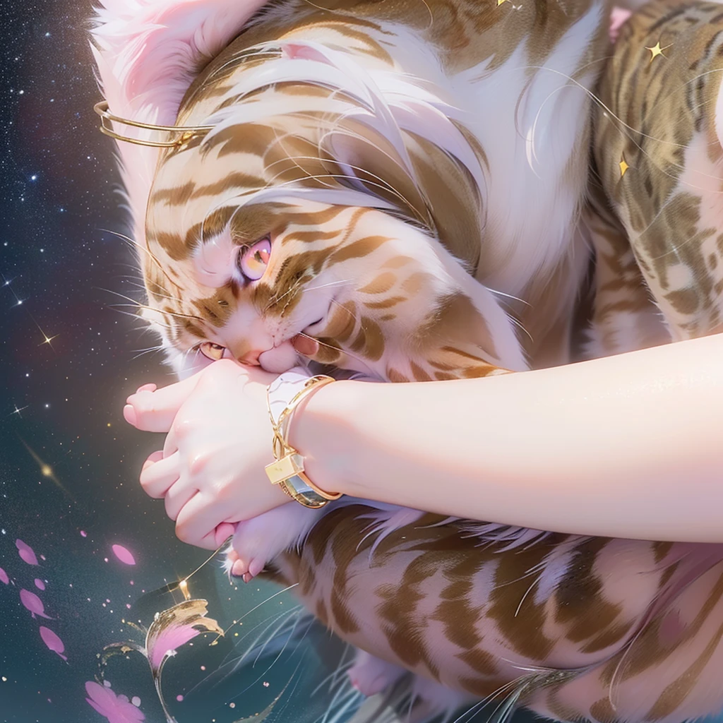 (((Partial view of an orange short-legged cat holding in both hands，cat tail，Correct ???????)))，((Highest quality，masterpiece，Beautiful hands，Gray and pink short T-shirt，gold thin bracelet))，starry sky galaxy background