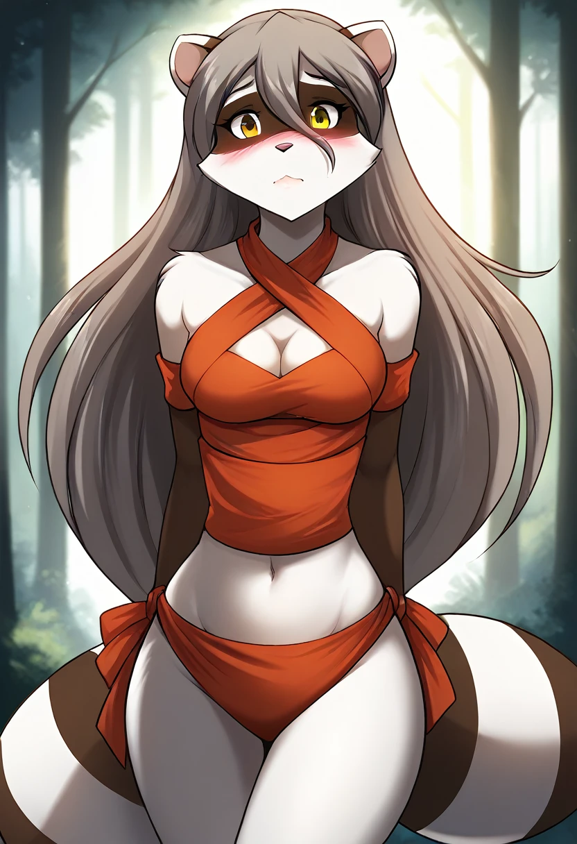 score_9, score_8_up, score_7_up, score_6_up, score_5_up, score_4_up, rating_explicit, source_furry, female, cute anthro female, cute face, detailed background, looking at viewer, solo, solo focus, (digital pen line-art, soft lines, soft shading, pinup, cartoon, anime:1.2), tkraine, (raccoon:1.3), yellow eyes, (long hair:1.2), (white fur, bushy tail:1.2), anthro, (ninja:1.3), forest, ninja scroll, blush, shy, midriff, medium breasts, looking at viewer, bare shoulders, criss cross halter, cleavage, (exposed hips:1.9)