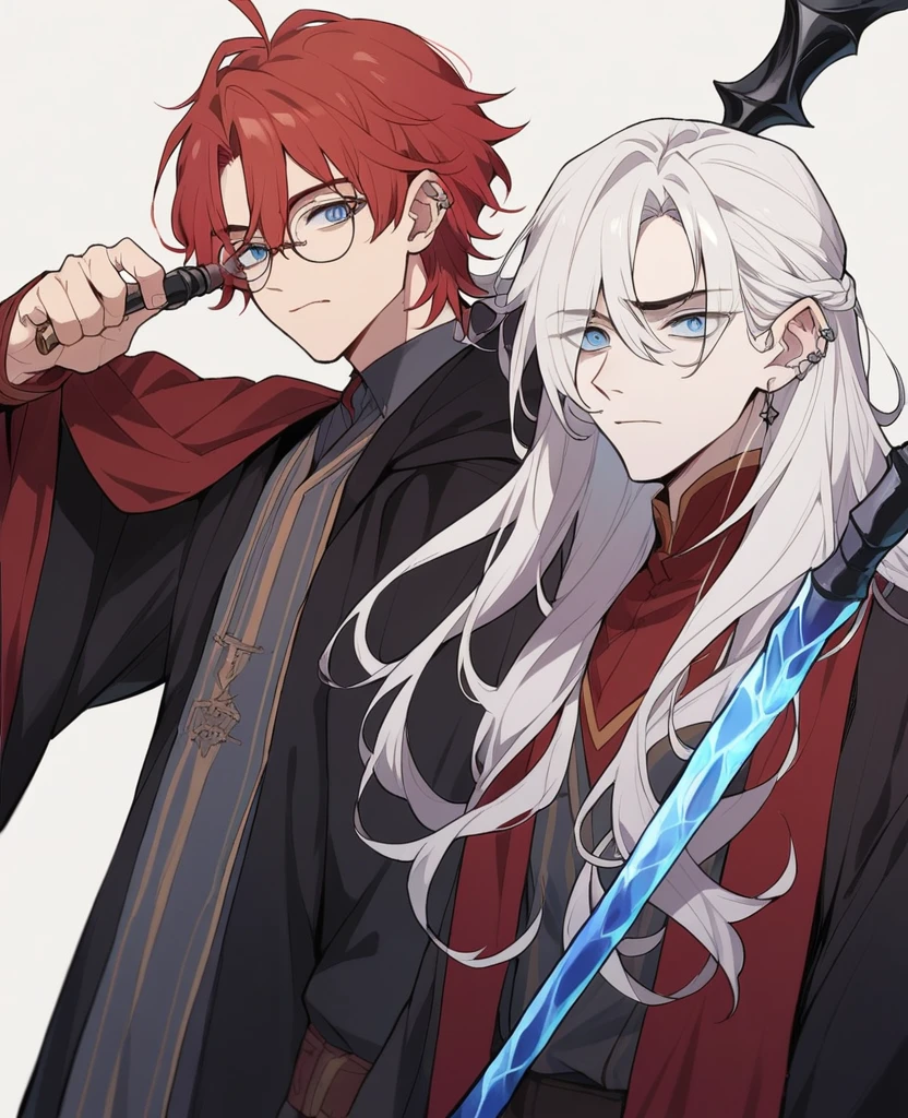 Male,5'4,pierced ears,light skin,blue eyes, white long hair with red highlights half up half down,grinfidor robes (harry potter),black wand with Sapphire in the handle