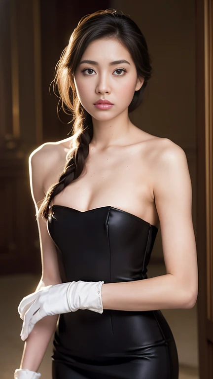 best quality, masterpiece, (photorealistic:1.4), 1girl, cowboy shot, luxury elegant bare shoulder  dress, dramatic lighting, hair over shoulders, white gloves, v arms, luxury hall background, night, japanese face, braid hair, small breasts