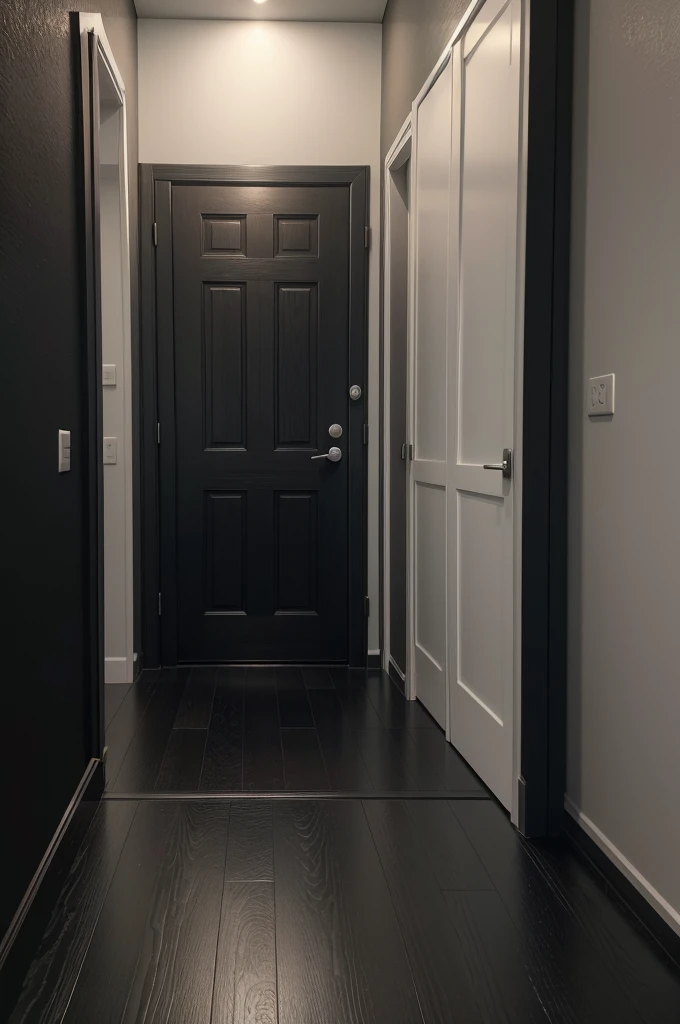 Generates an image of a dark wooden door, on a black wall with a gray floor