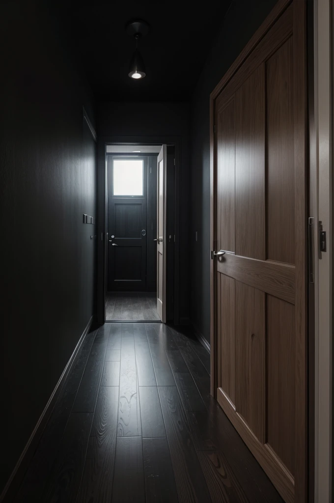 Generates an image of a dark wooden door, on a black wall with a gray floor